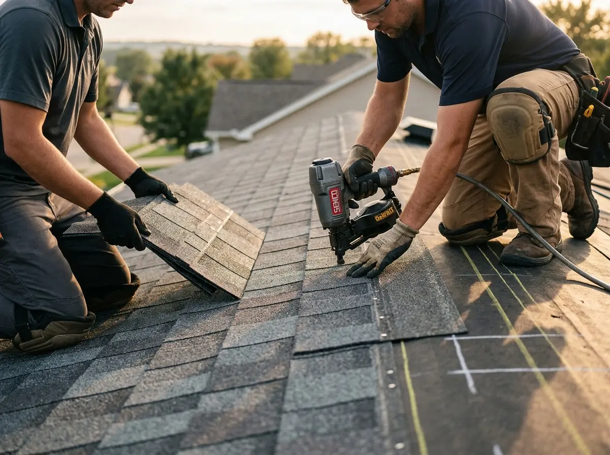 Professional roofer working on a residential roof in Cohoes